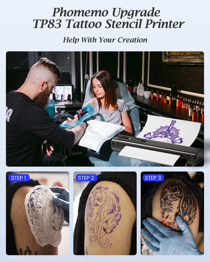 Phomemo TP83 Wireless Tattoo Stencil Printer, Upgraded Thermal Tattoo Printer Machine with 10Pcs Transfer Paper, Bluetooth Tattoo Printer for Tattoo Artists & Beginners, Compatible with Ipad Phone PC