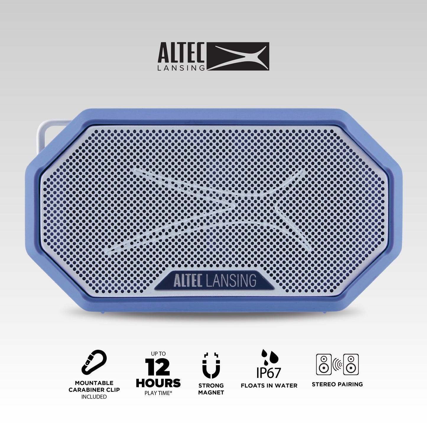 Hydramini 2.0 Everythingproof Bluetooth Speaker, Waterproof IP67, Floats, 12-Hour Playtime, Built-In Magnet, Carabiner & Mount, Blue White