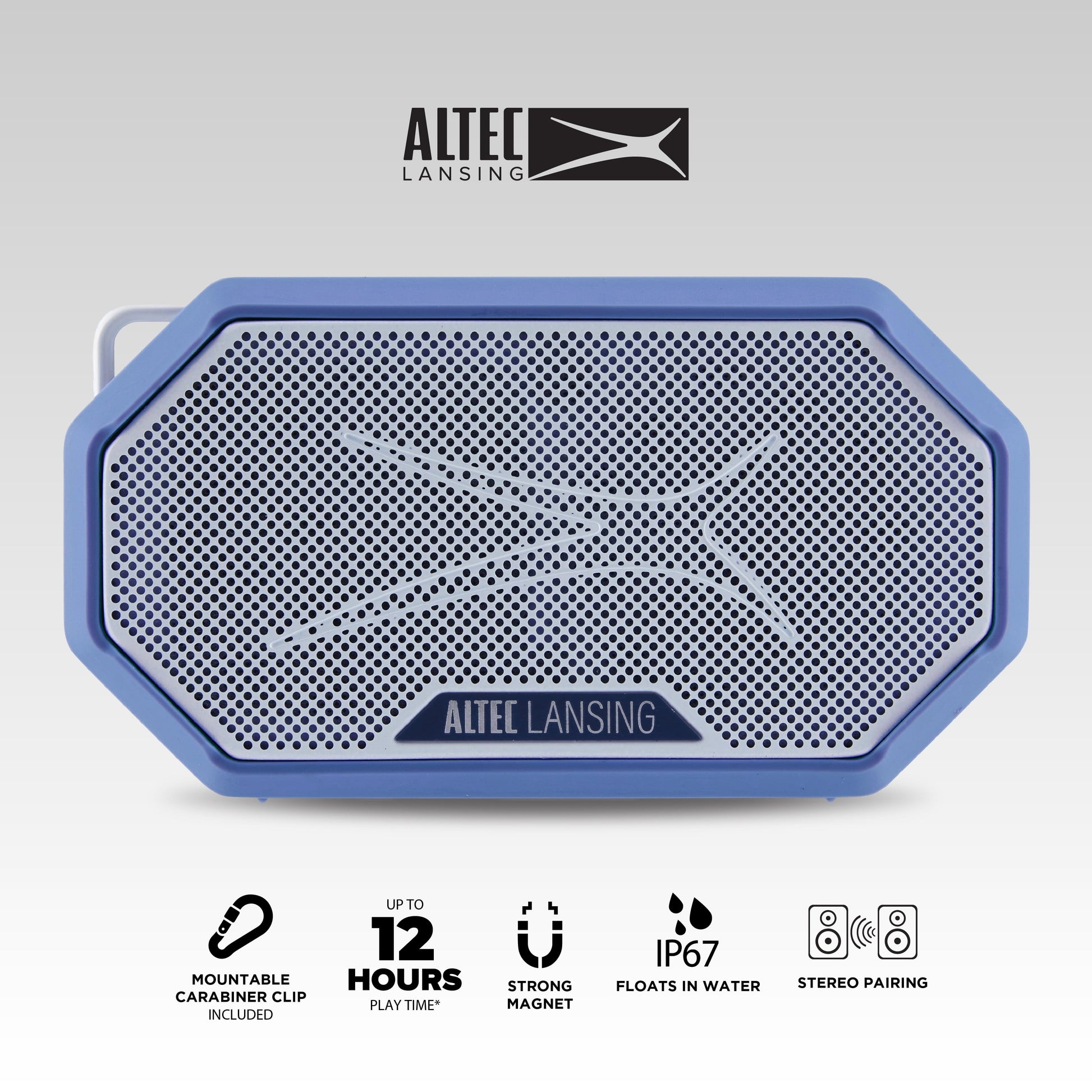 Hydramini 2.0 Everythingproof Bluetooth Speaker, Waterproof IP67, Floats, 12-Hour Playtime, Built-In Magnet, Carabiner & Mount, Blue White