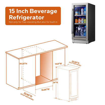 15'' Beverage Refrigerator Cooler,100 Cans Beverage Fridge,Built in or Freestanding Beverage Center with Stainless Steel Door