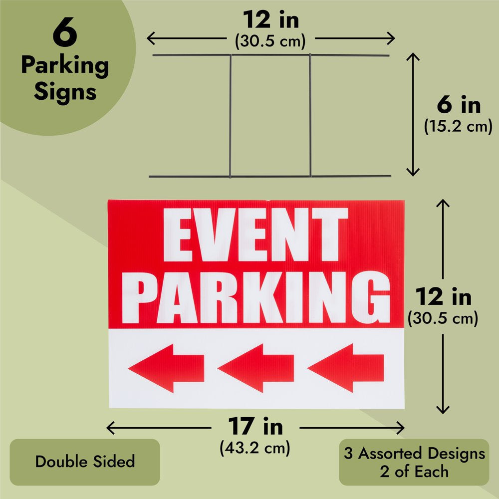 6 Pack Outdoor Event Parking Signs with Arrows, 12 X 17 Inch Double Sided Corrugated Plastic Yard Signage with Stakes in 3 Designs, Event Parking, Directional Signage