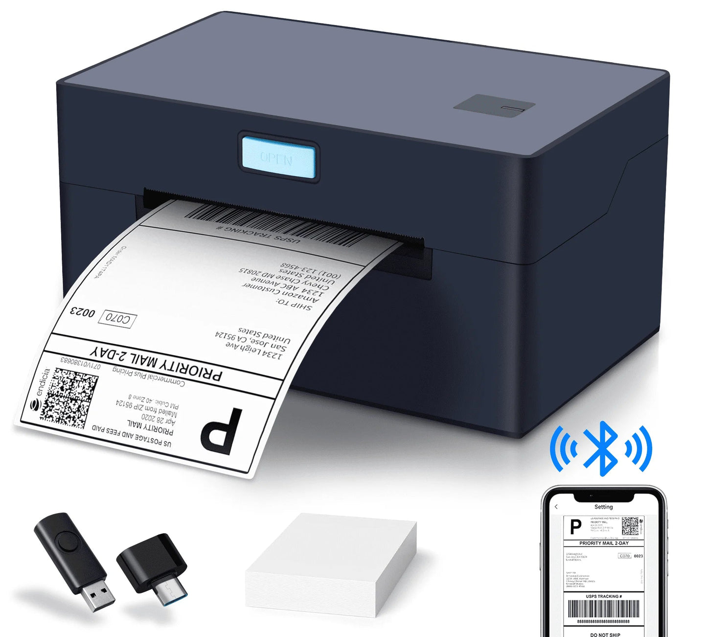 Bluetooth USB Thermal Shipping Label Printer 4X6 for Small Business Compatible with Mac, Android, Ios Widely Used for Ebay, Shopify, Etc