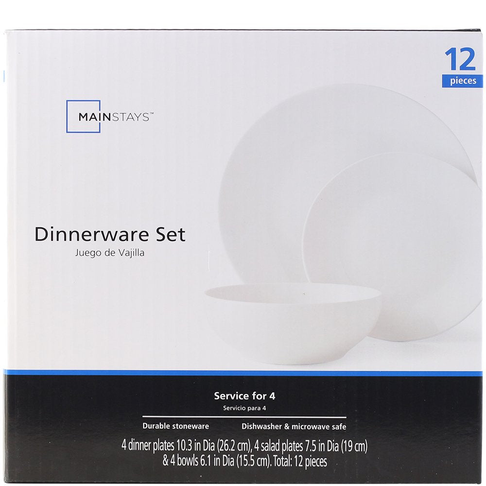 Glazed White Stoneware Dinnerware Set, 12-Pieces