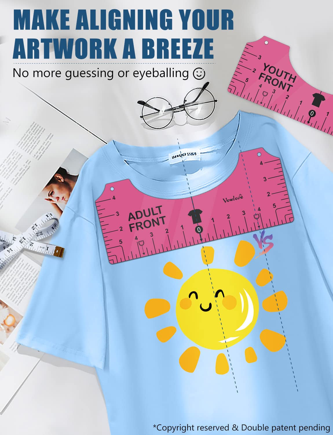 Tshirt Ruler Guide for Vinyl Alignment: T Shirt Rulers to Center Designs, Tee Shirt Alignment Tools for Heat Press, Sewing Accessories HTV Heat Transfer Vinyl, V-Neck Adult Front Back Measurement