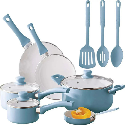 12Pc Ceramic Cookware Set, Blue Linen