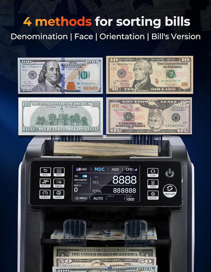 MUNBYN IMC23 Money Counter Machine Mixed Denomination with Reject Pocket, 2 CIS/UV/MG/IR/DD Counterfeit Detection, Multi Currency, Touch Screen, with External Display+Printer in One, 2Y Warranty