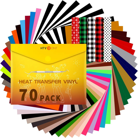 HTV Vinyl Heat Transfer Vinyl Bundle-70 Pack Iron on Vinyl for T Shirts 51 Assorted Colors HTV Sheets with Weeding Hooks and PTFE Sheet