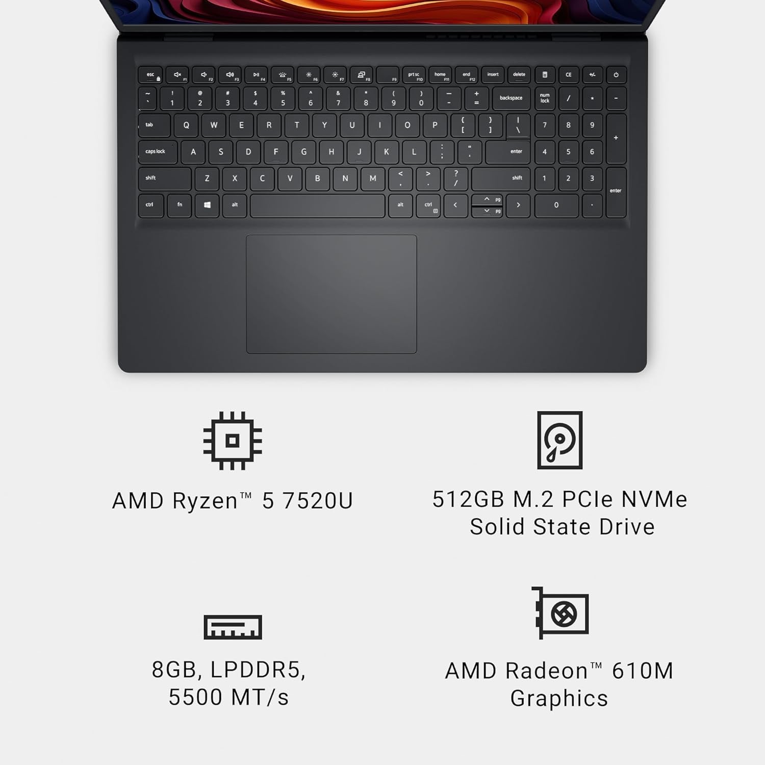 Dell 15 Laptop Dc15255-15.6-Inch FHD 120Hz Display, AMD Ryzen 5-7520U, 8GB LPDDR5 RAM, 512GB SSD, Radeon 610M Graphics, Windows 11 Home, Onsite Service - Carbon Black