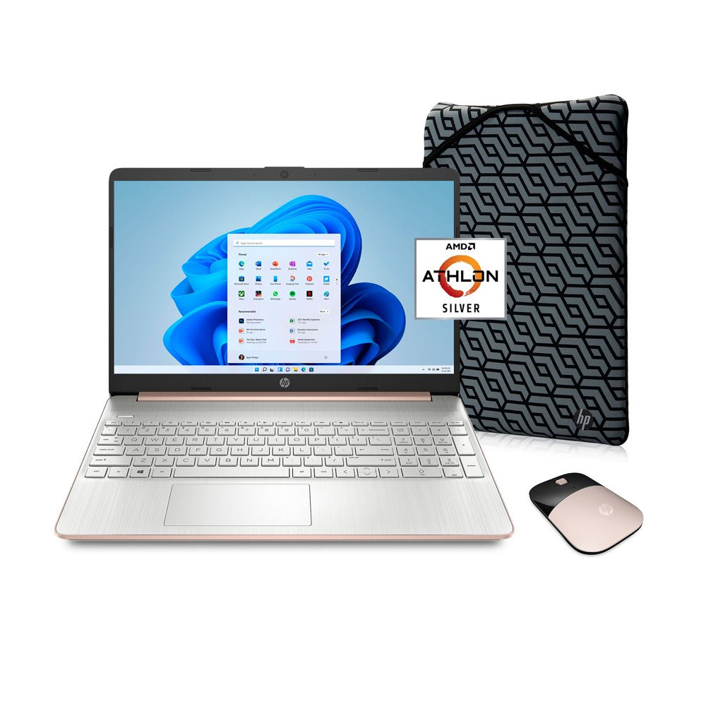 15.6" Laptop, AMD Athlon N3050 Processor, 4GB RAM, 128GB SSD, Rose Gold, Wireless Mouse, Sleeve, Windows 10 Home in S Mode with Microsoft 365, 15-Ef1073Wm