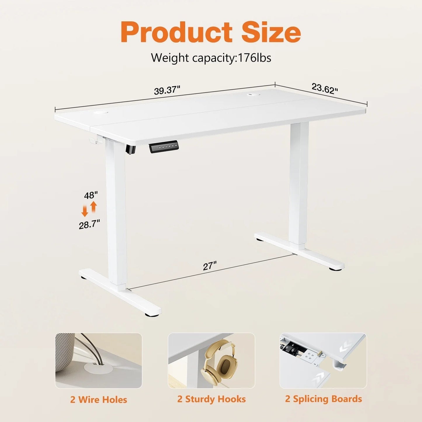 Electric Standing Desk, 40''X24'' Height Adjustable Desk, Home Office Desk with Electric Lift, Sit Stand Desk Workstation for Home Office, White