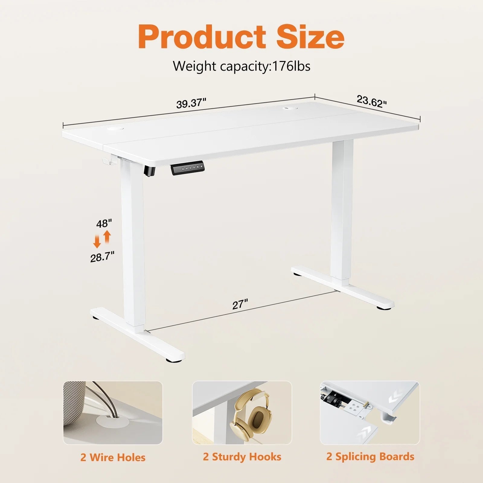 Electric Standing Desk, 40''X24'' Height Adjustable Desk, Home Office Desk with Electric Lift, Sit Stand Desk Workstation for Home Office, White
