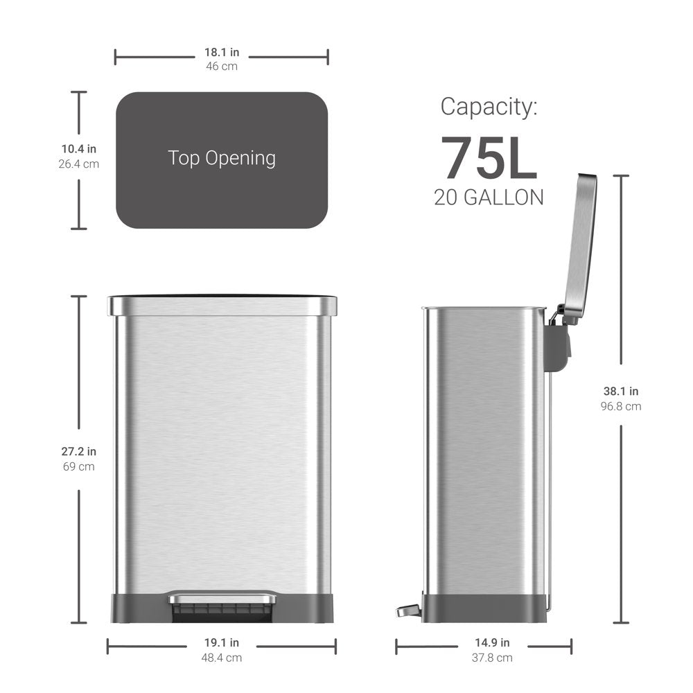 20 Gallon Trash Can, Stainless Steel Step on Kitchen Trash Can, Stainless Steel