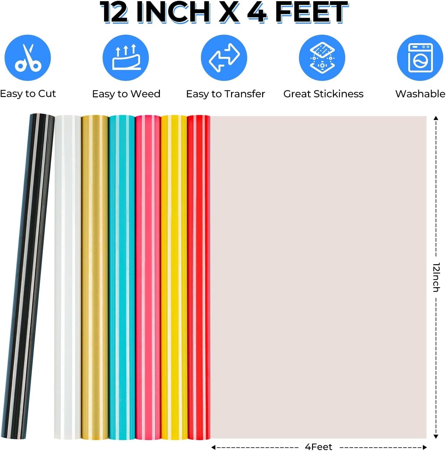 Heat Transfer Vinyl Roll -12" X 4FT Yellow + White HTV Vinyl for T-Shirts, Iron on Vinyl for All Cutting Machines - Easy to Cut & Weed for HTV Heat Transfer Vinyl Design