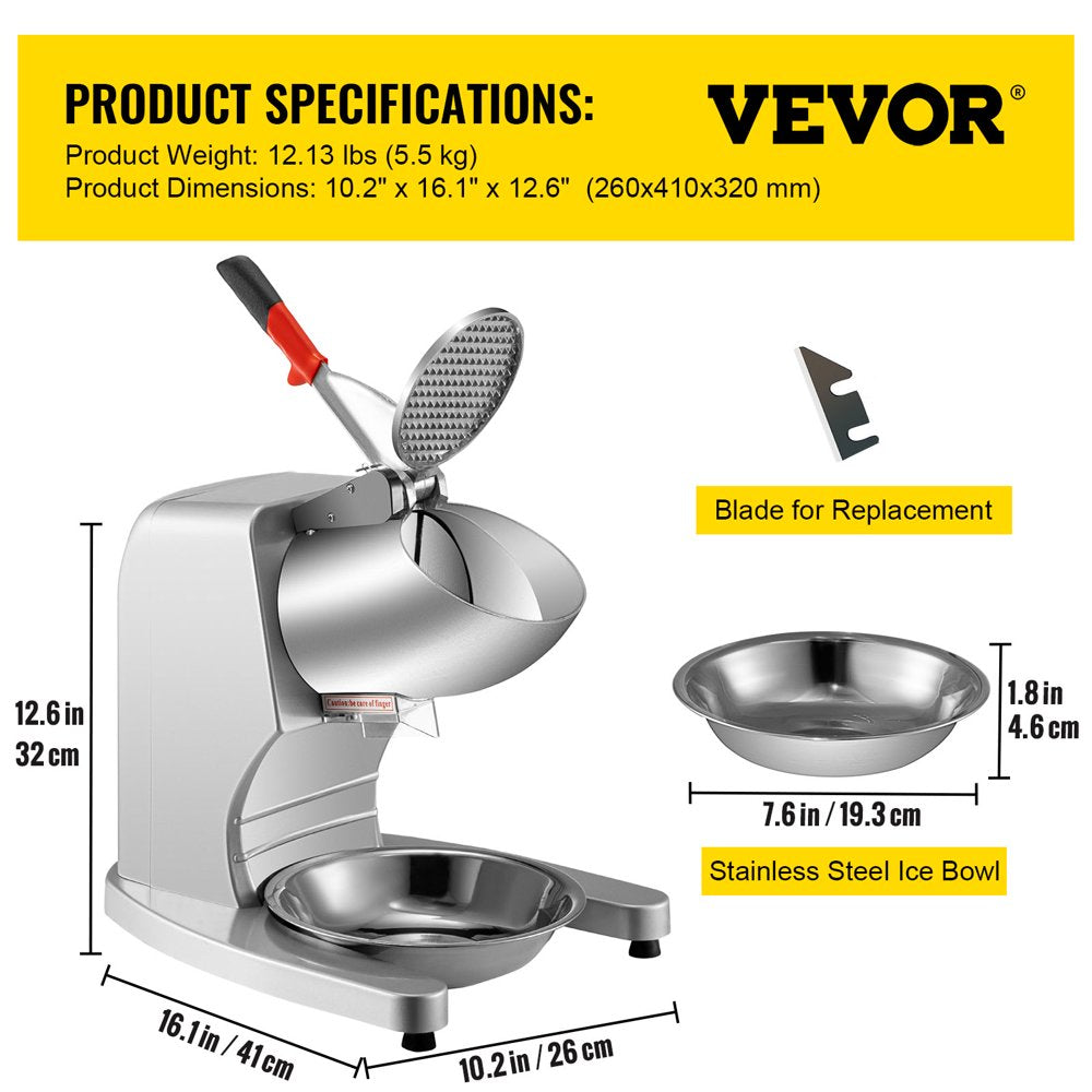 brand Electric Ice Shaver Crusher Snow Cone Maker Machine with 4 Stainless Steel Blades 220LB/H Shaved Ice Machine 300W