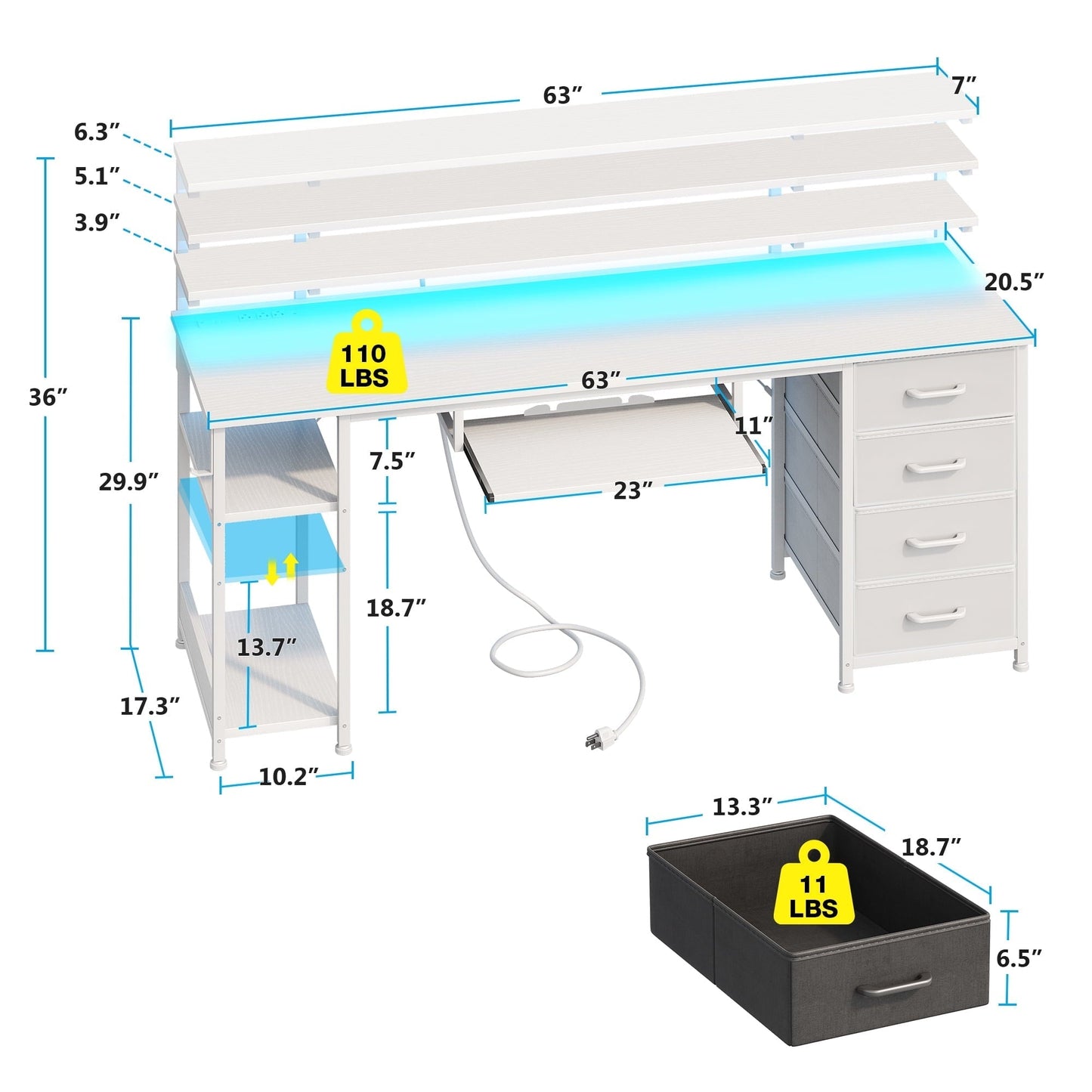 63 Inch Office Desk with Power Outlet and Adjustable Monitor Stand, Computer Desk with Fabric Drawer and Keyboard Tray, Gaming Desk with LED Light & PC Stand, Table for Bedroom with USB Ports, White