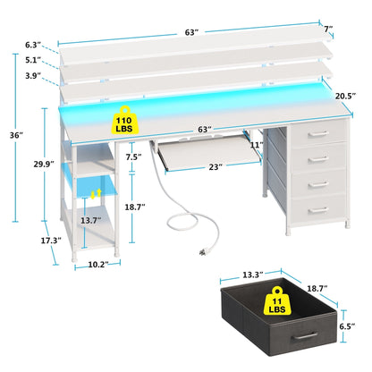 63 Inch Office Desk with Power Outlet and Adjustable Monitor Stand, Computer Desk with Fabric Drawer and Keyboard Tray, Gaming Desk with LED Light & PC Stand, Table for Bedroom with USB Ports, White