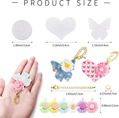 36 Sets Sublimation Blanks for Making Car Cup Charms, Tumbler Cup Accessories for DIY Heat Transfer Craft Gifts, Contains Glitter Blanks Daisy Charms Chains Jump Rings