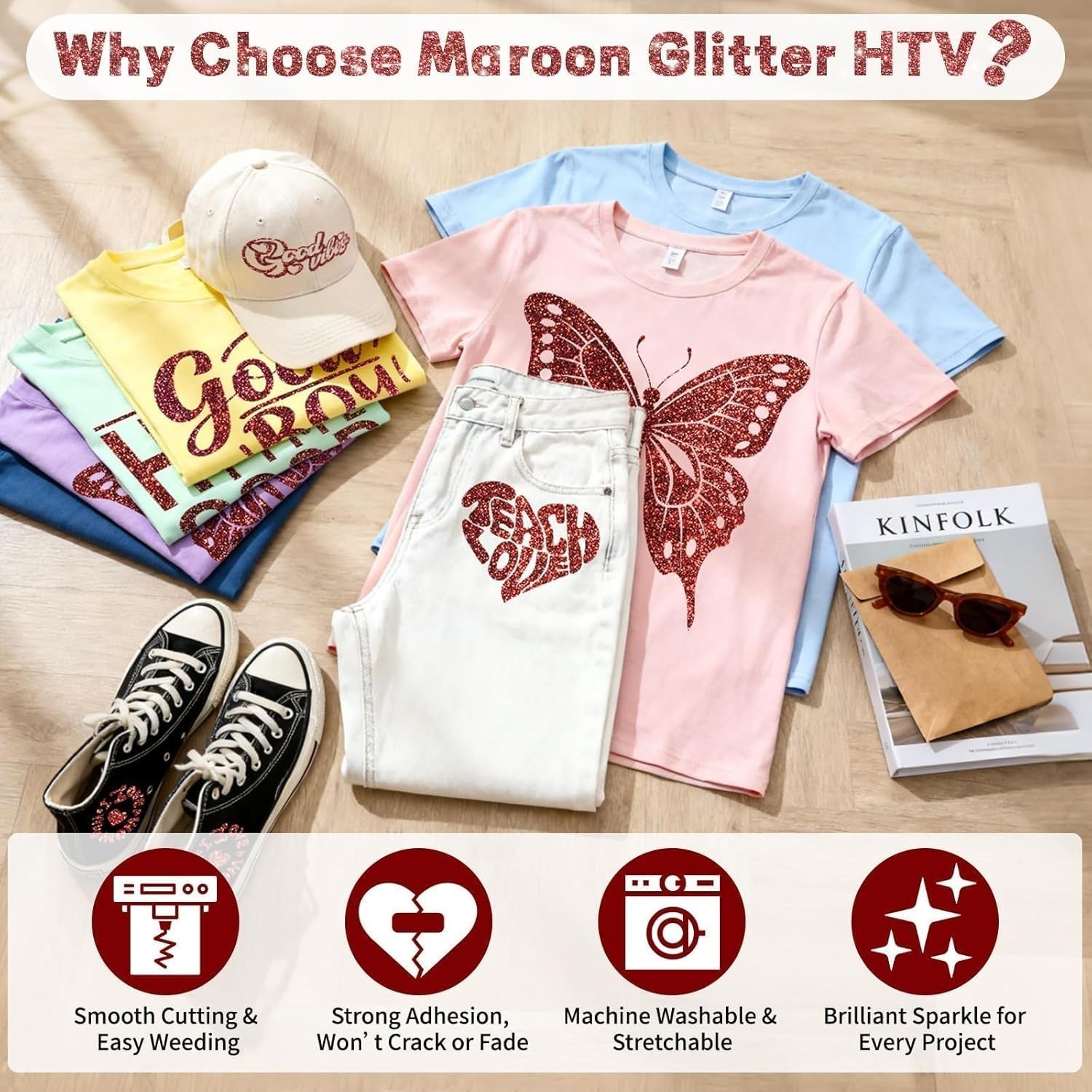 Maroon Glitter HTV Heat Transfer Vinyl Roll 10" X10Ft Iron on Vinyl for T Shirts DIY Crafts Sparkly Glitter HTV Vinyl Heat Transfer Includes Glitter Pin Pen