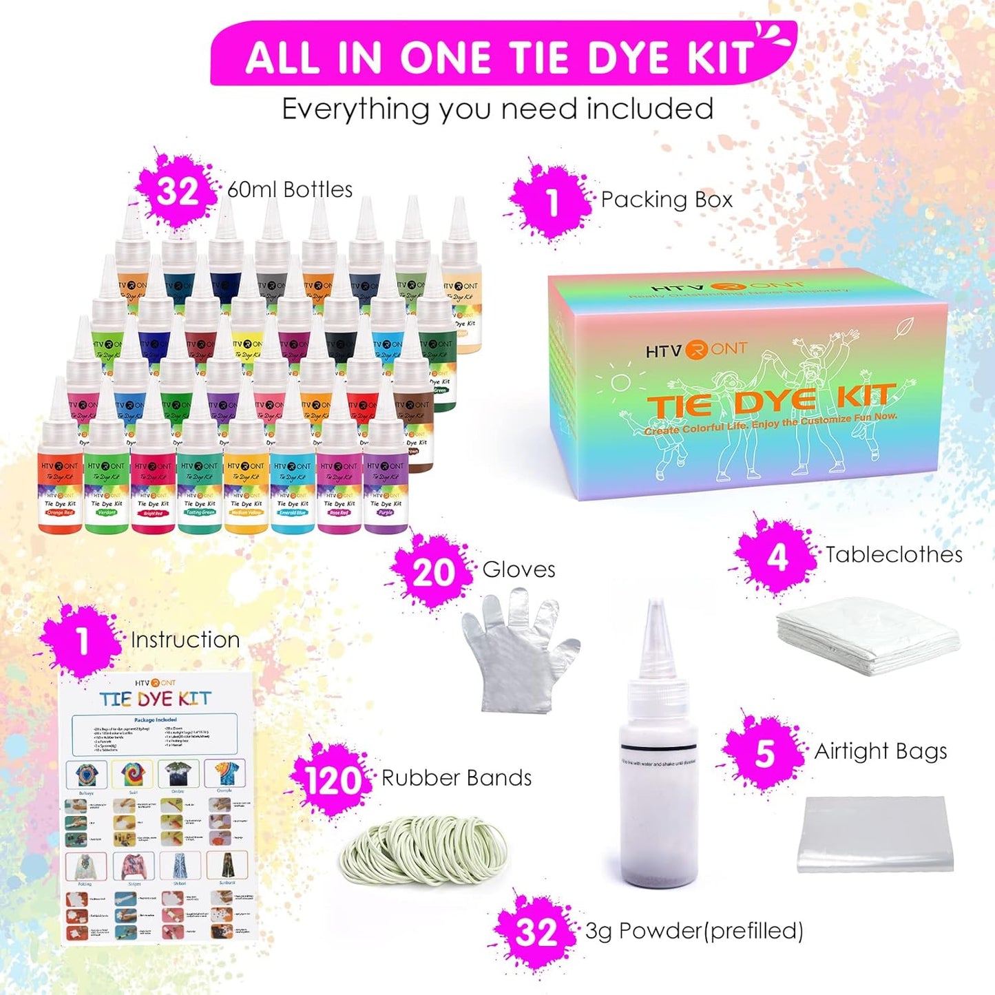 Tie Dye Kit - 32 Vibrant Colors Pre-Filled Bottles Tyedyedye Kit, Permanent Non-Toxic for Large Groups Kids Adults,Tye Fabric Textile Handmade Party(Just Add Water)