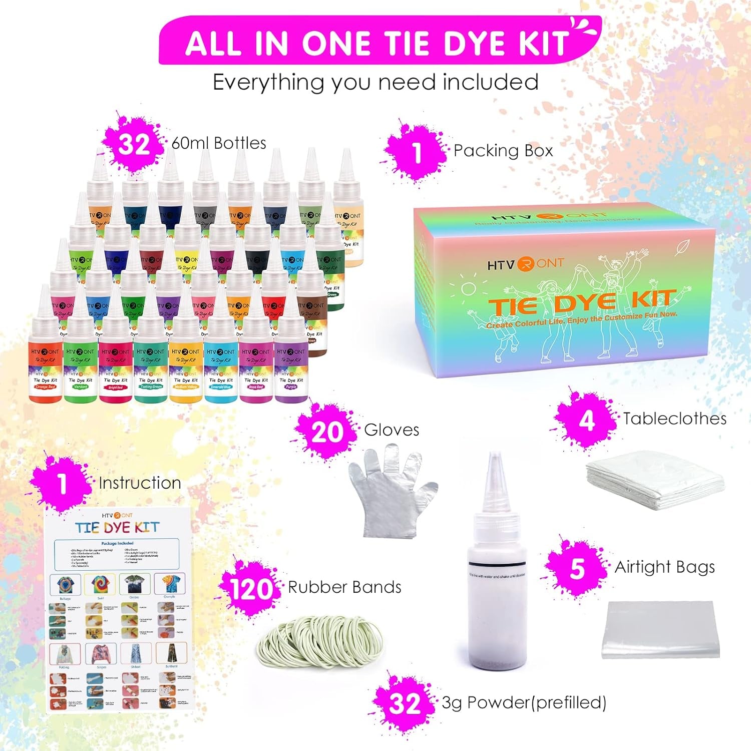 Tie Dye Kit - 32 Vibrant Colors Pre-Filled Bottles Tyedyedye Kit, Permanent Non-Toxic for Large Groups Kids Adults,Tye Fabric Textile Handmade Party(Just Add Water)
