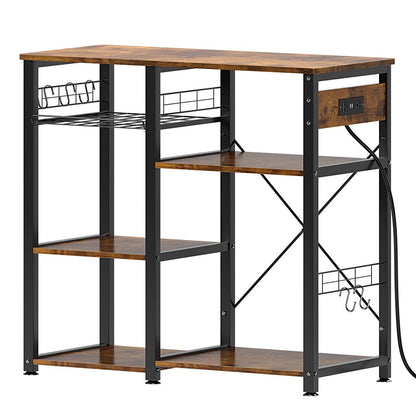 Kitchen Trolley 3-Tier Muti-Functional Kitchen Baker Rack with USB Port and Light Strip- Brown