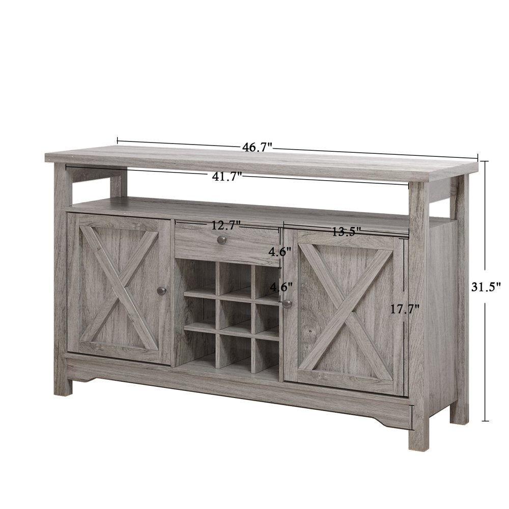 Farmhouse Coffee Bar Cabinet, 47" Kitchen Buffet Storage Cabinet with Barn Door, Liquor Cabinet with Wine Rack, Gray