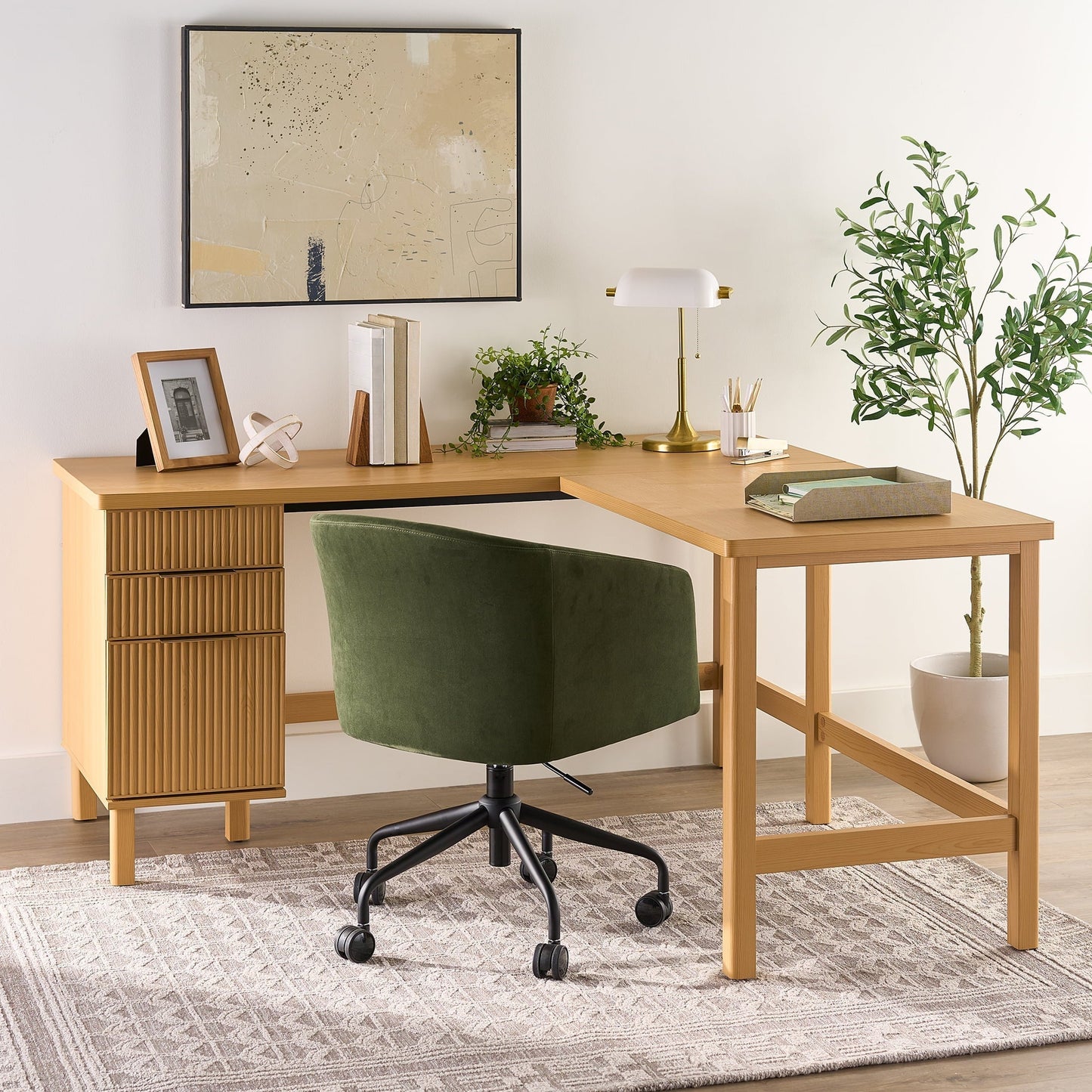 Lillian Fluted L-Shape Desk, Natural Pine Finish