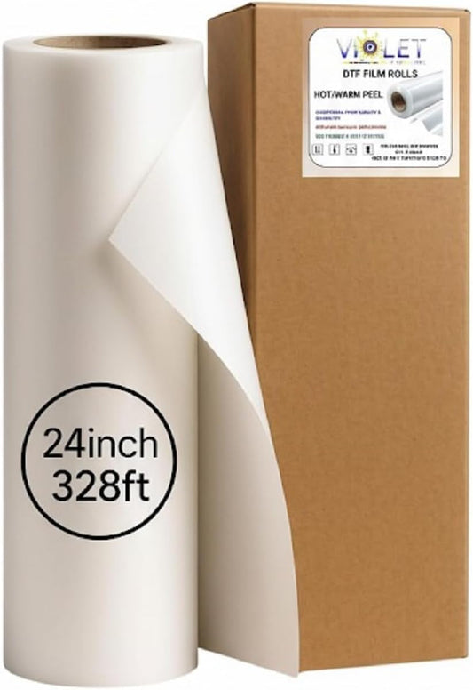 DTF Transfer Film Roll (Hot Peel) 24"X 328Ft Double-Sided Clear PET Heat Transfer Paper for Direct-To-Film Printing Hot Peel DTF Transfer Film Compatible with All DTF Printers for T-Shirts Textile