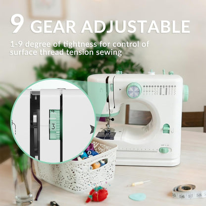 Rxmeili 12-Stitch Portable Sewing Machine for Beginners with 42-Piece Kit | Green Plug-In Mini Sewing Machine for Beginners, Reverse Sewing, 2-Speed, Foot Pedal, Light, Drawer for DIY Clothes & Crafts