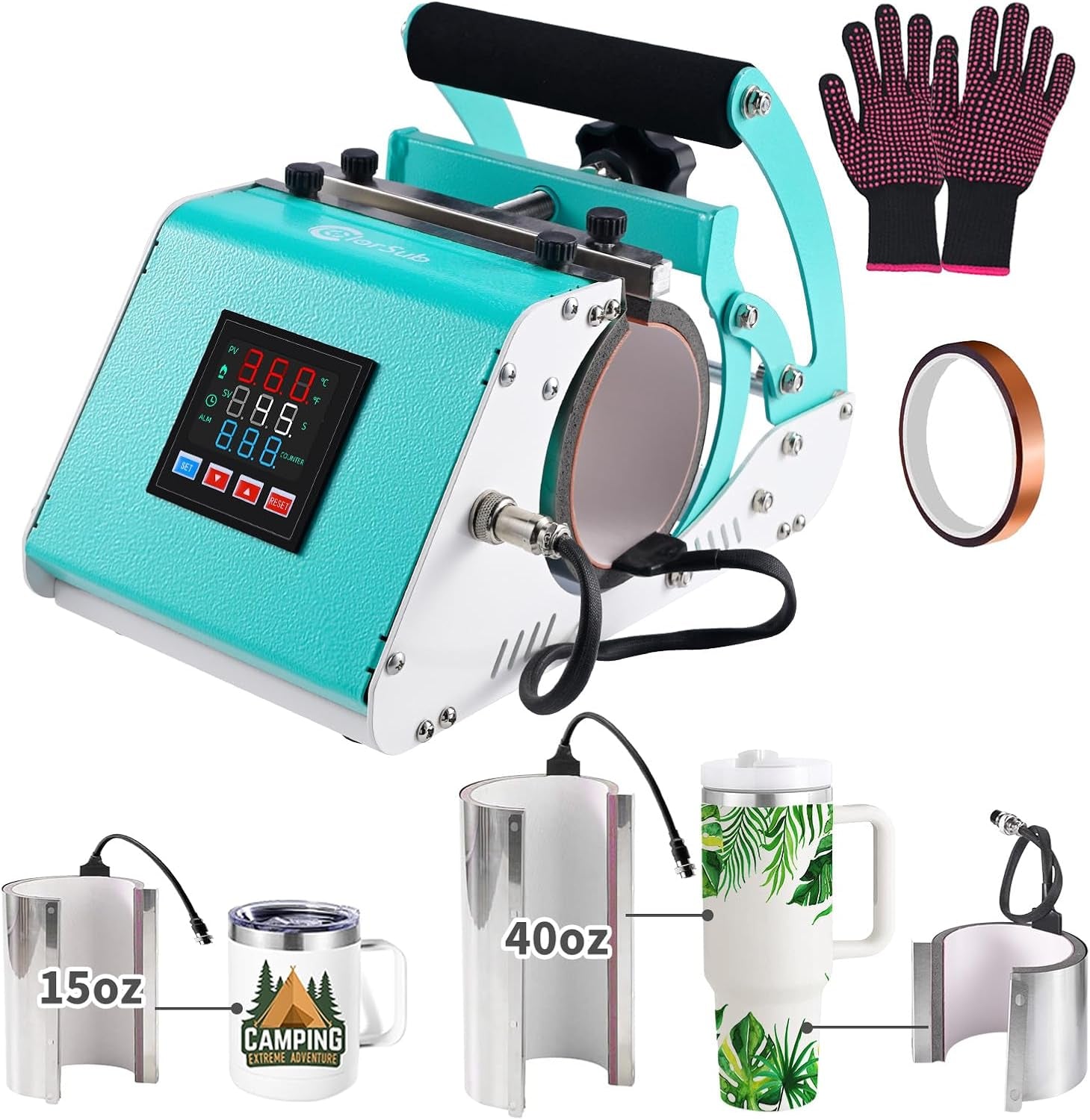 Colorsub 3 in 1 40 OZ Tumbler Heat Press Machine 11 OZ 15 OZ Mug Press Sublimation Machine for Sublimation 40 OZ Tumbler with Handle Straight Tumblers Bottles Mugs Glass Cup Printing Teal