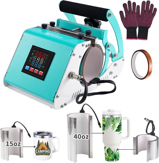 Colorsub 3 in 1 40 OZ Tumbler Heat Press Machine 11 OZ 15 OZ Mug Press Sublimation Machine for Sublimation 40 OZ Tumbler with Handle Straight Tumblers Bottles Mugs Glass Cup Printing Teal