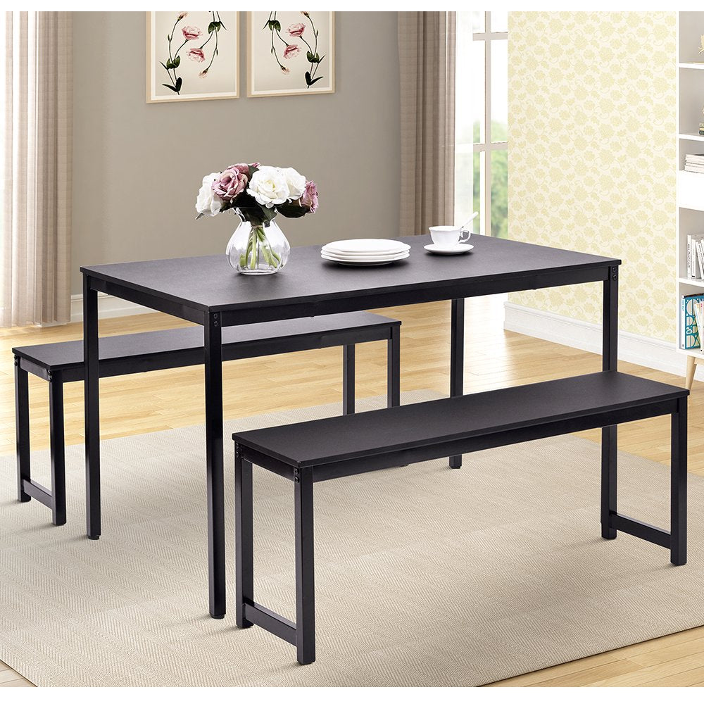 Dining Room Table Set, 3-Piece Breakfast Nook Dining Table Set with Two Benches, Dining Room Table Set Kitchen Table Set with Metal Frame, Modern Furniture for Home Cafeteria, Black