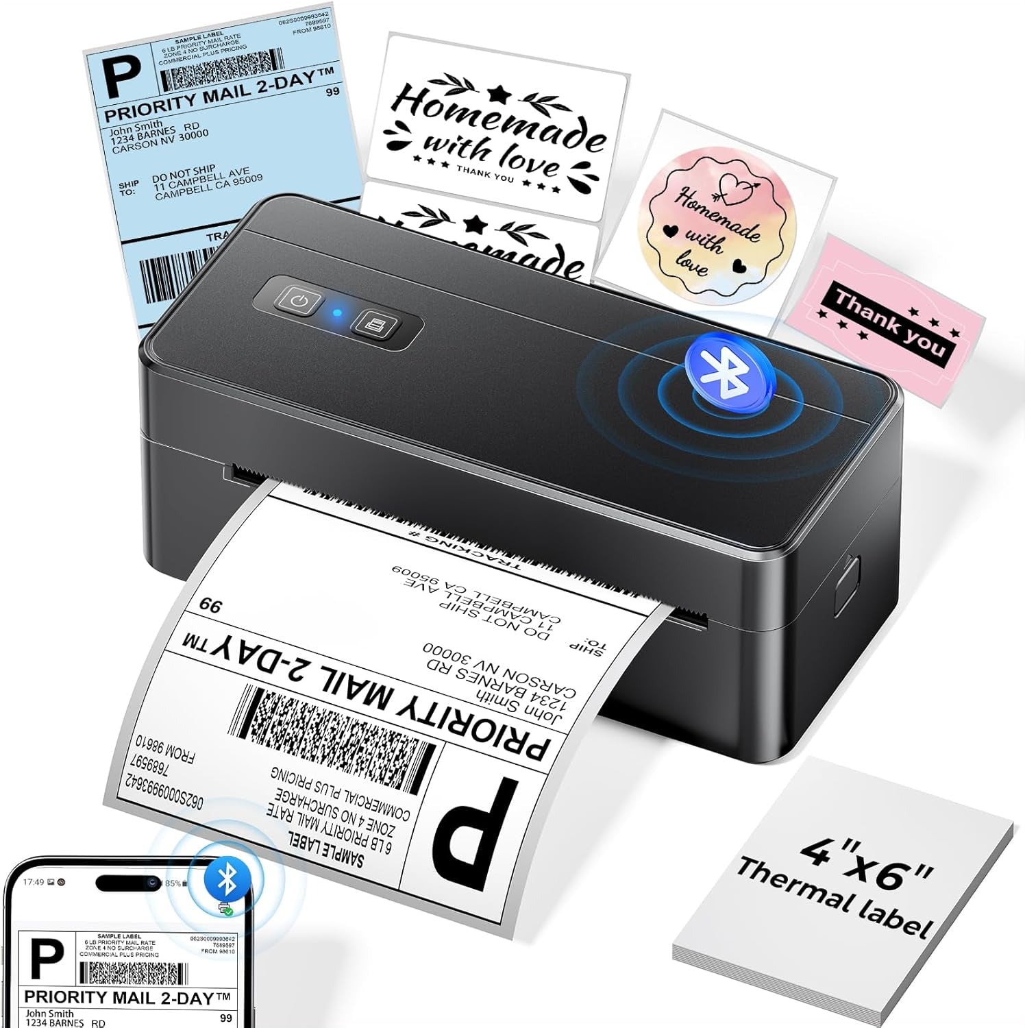 Bluetooth Thermal Shipping Label Printer, 4X6 Thermal Label Printer for Small Business, 2410BT Wireless Label Printers Compatible with Ios Android Phone&Pad&Pc, Widely Used for Ebay, USPS, Fedex, Etc
