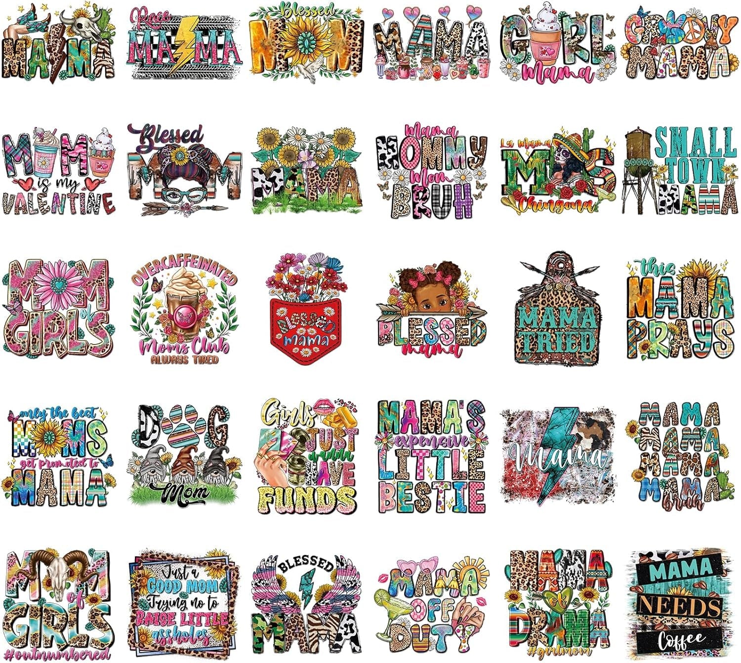 Dazoratix Mother'S Day Transfer Stickers - 30 Sheets Mama DTF Iron on Transfers Ready to Press Heat Patches Vinyl Decals for Mother T Shirts Clothes DIY Crafts Women Clothing Bag Appliques Decorations