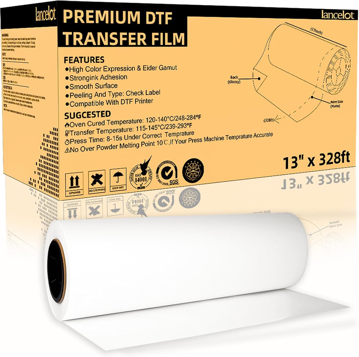 Lancelot Premium DTF Transfer Roll Film 13" X328Ft A3+ DTF Roll Film Double-Sided Matte Roll PET Heat Transfer Film for DIY Direct Print on Dark and Light Clothing T Shirt | A3+ DTF Roll Film for Custom Apparel, Smooth Printing, Vibrant Transfers, Easy Release, and Wide DTF Printer Compatibility