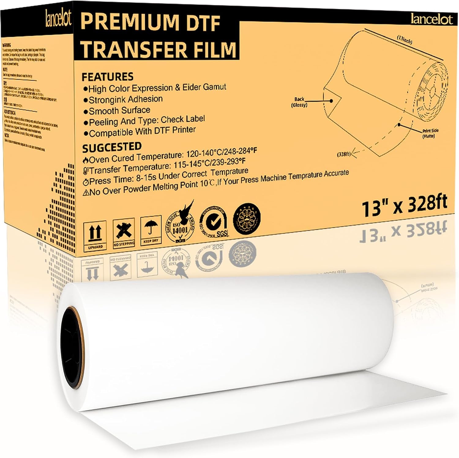 Lancelot Premium DTF Transfer Roll Film 13" X328Ft A3+ DTF Roll Film Double-Sided Matte Roll PET Heat Transfer Film for DIY Direct Print on Dark and Light Clothing T Shirt | A3+ DTF Roll Film for Custom Apparel, Smooth Printing, Vibrant Transfers, Easy Release, and Wide DTF Printer Compatibility