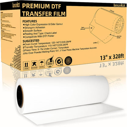 Lancelot Premium DTF Transfer Roll Film 13" X328Ft A3+ DTF Roll Film Double-Sided Matte Roll PET Heat Transfer Film for DIY Direct Print on Dark and Light Clothing T Shirt | A3+ DTF Roll Film for Custom Apparel, Smooth Printing, Vibrant Transfers, Easy Release, and Wide DTF Printer Compatibility