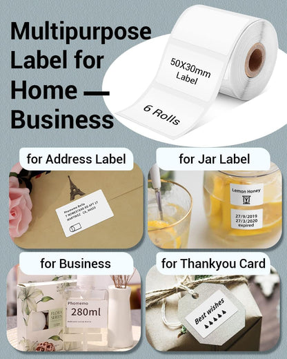 Phomemo 1.97"X1.18"(50X30Mm) Label, 6 Rolls M110/M110S/M120/M200/M220 Thermal Paper - Multi-Purpose Square Self-Adhesive Label, 230 Labels/Roll, Black on White