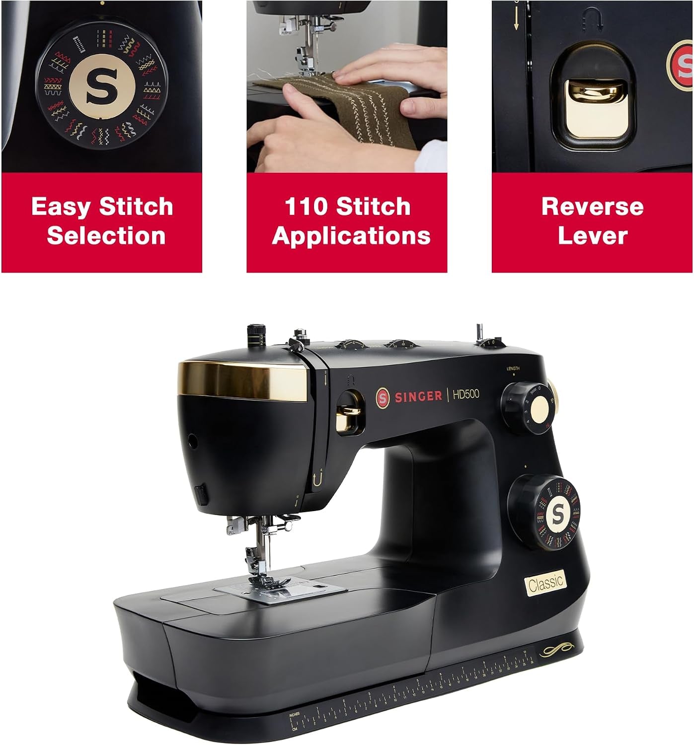 SINGER® Heavy Duty 500 Classic High Speed Sewing Machine + Accessory Kit | 23 Built-In Stitches, Strong Motor, Strong Piercing Power, 1-Step Buttonhole, Full Metal Frame, Large Sewing Space, LED Light