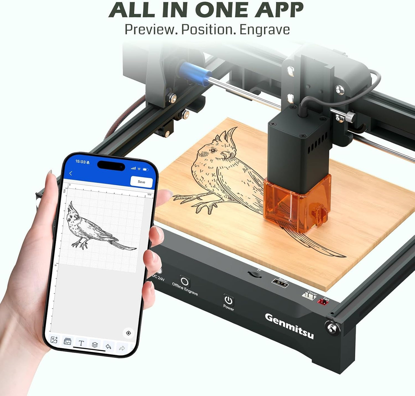 Genmitsu Laser Engraver Machine Kortek 2.5W 2500Mw, Wireless APP Supported, ±0.01Mm High Precision, Portable Laser Engraving Machine for DIY Wood, Acrylic, Leather, Glass, Metal, Fiber, Safety Class 1