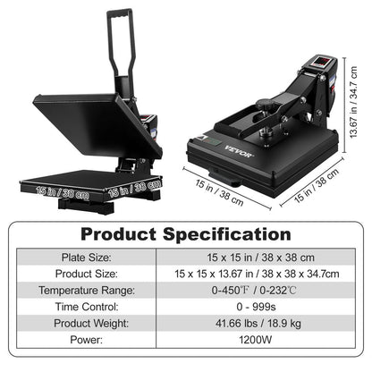 brand 15" X 15" Heat Press Machine Clamshell Printer Transfer for DIY T-Shirt