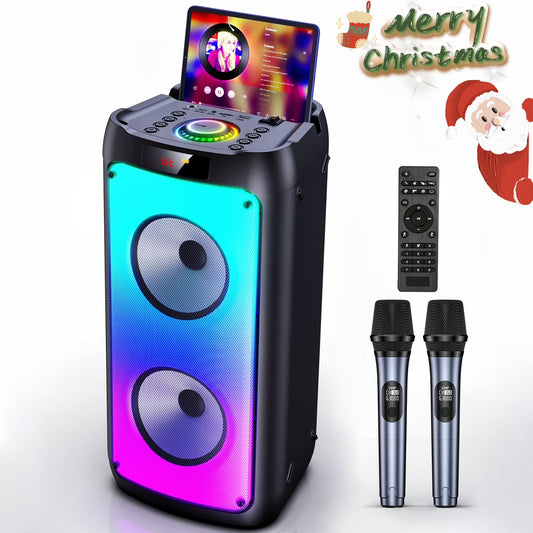 Party Speaker, Bluetooth Speaker with 2 Microphones, Dual 4'' Subwoofer Deep Bass