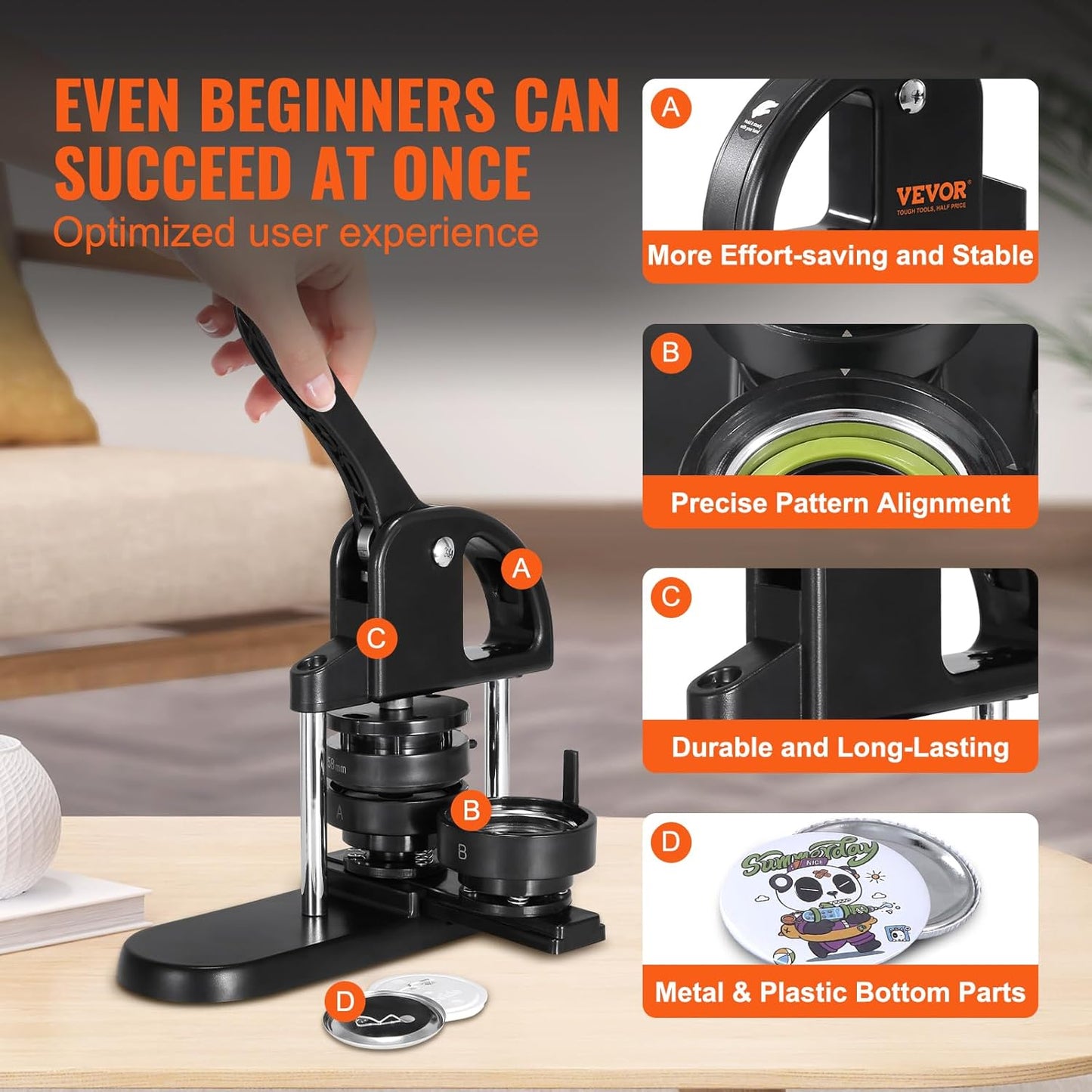 VEVOR Button Maker, 1/1.25/2.28 Inch(25/32/58Mm) 3-In-1 Pin Maker with 300Pcs Button Parts, Ergonomic Arc Handle Punch Press Kit, Button Maker Machine with Panda Magic Book, for Children DIY Gifts