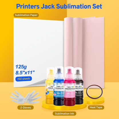 Printers Jack Sublimation Ink & 150 Sheet Sublimation Paper 8.5X11’’ 120G, Heat Tape Compatible for Inkjet Printer ET-2800 ET-15000 ET-2803 ET-2760 ET-2400 ET-4700 ET-4800 ET-2720