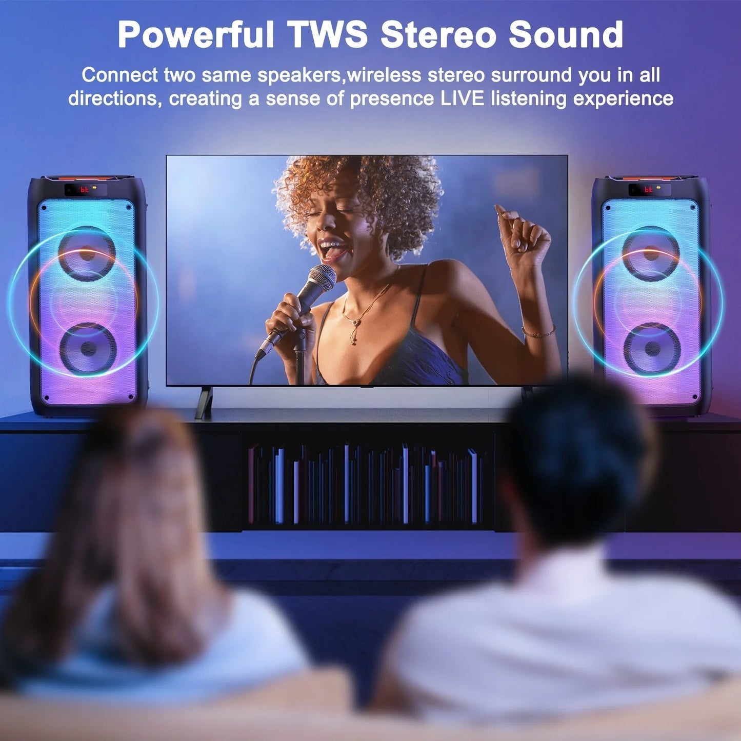 Party Speaker, Bluetooth Speaker with 2 Microphones, Dual 4'' Subwoofer Deep Bass