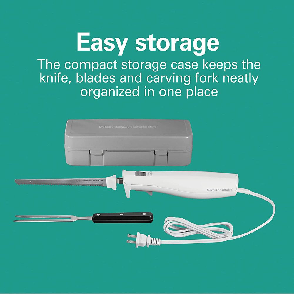 Electric Knife Set with Fork and Case, Ergonomic Design, Stainless Steel Reciprocating Blades, White, 74251