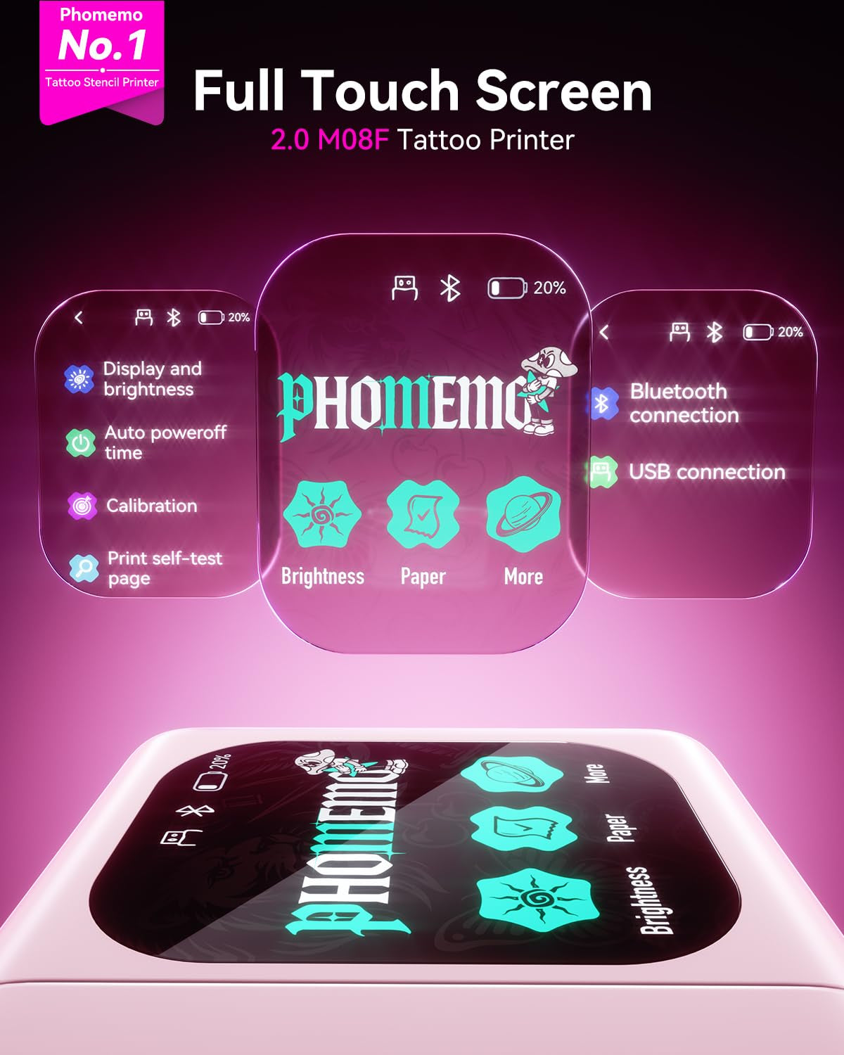 Phomemo M08F plus Tattoo Stencil Printer with Touchscreen, Bluetooth Tattoo Printer Machine with 10Pcs Transfer Paper, Compatible with Phone, Tablet, PC, Tattoo Supplies for Professionals, Pink