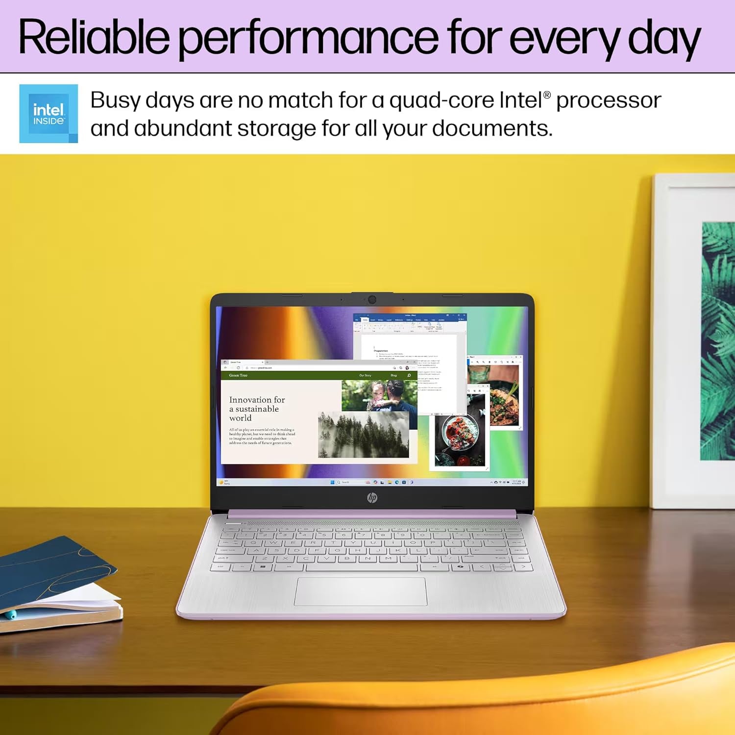 HP 14" Laptop Computer for 2026 Student Business Productivity, MS Office & Win 11 Pro, Copilot AI, Intel 4-Core CPU, 4GB DDR5 RAM, 628GB Storage (128GB UFS+500GB Ext), Wi-Fi 6, Hubxceladdon, Lavender