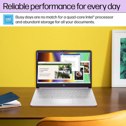 HP 14" Laptop Computer for 2026 Student Business Productivity, MS Office & Win 11 Pro, Copilot AI, Intel 4-Core CPU, 4GB DDR5 RAM, 628GB Storage (128GB UFS+500GB Ext), Wi-Fi 6, Hubxceladdon, Lavender