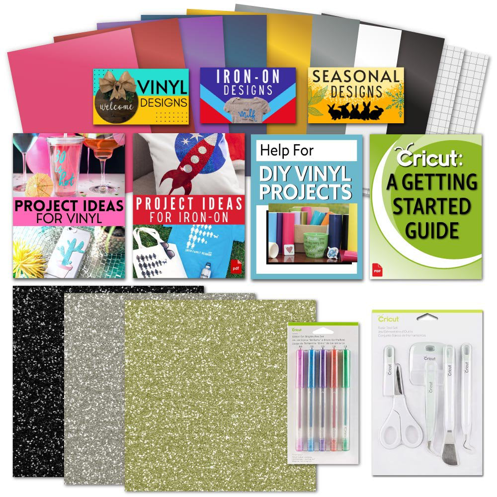 Beginner Bundle- Glitter Iron on HTV, Vinyl Sheets, Tool Kit, Pens, Ebook